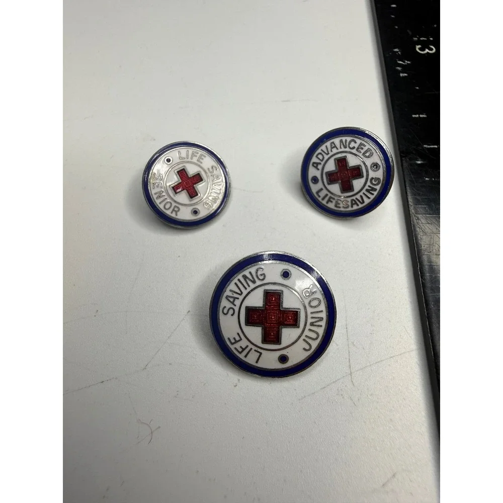 Vintage American Red Cross Life Saving Pins Set Junior Senior Advanced Enamel